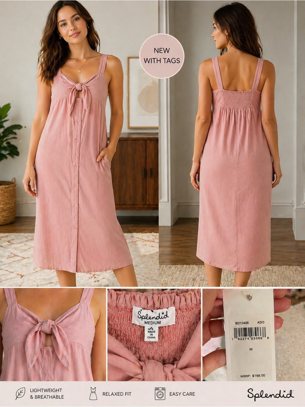 Splendid Pink Tie Front Button Midi Dress NWT Size M 💗 - Picture 3 of 7